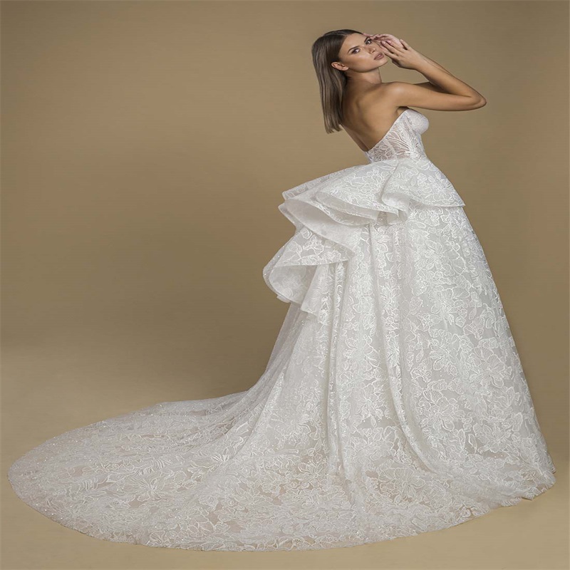 Full Lace Wedding Dresses Sexy Sweetheart A Line Appliqued Country Bridal Gowns Tiered Tulle Custom Made Robes De Mariée Sweep Train
