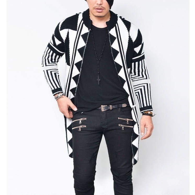 Geometric Knitted Cardigan Sweater Men Autumn Mens Long Knitwear Sweaters Coat Casual Slim Fit Stand Collar Pull Homme 201022