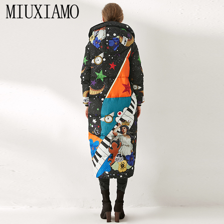 MIUXIMAO Winter Coat Loose Piano Print Elegant Fashion Warm Long Coat Vintage X-Long Women Down Winter Coat Female Overcoat 201019