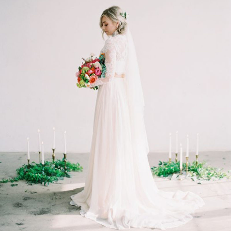 Two Piece Boho Beach Wedding Dress A Line 2021 Long Sleeves Bride Dresses Top Appliqued High Neck Illusion Lace Chiffon Country Bridal Gowns