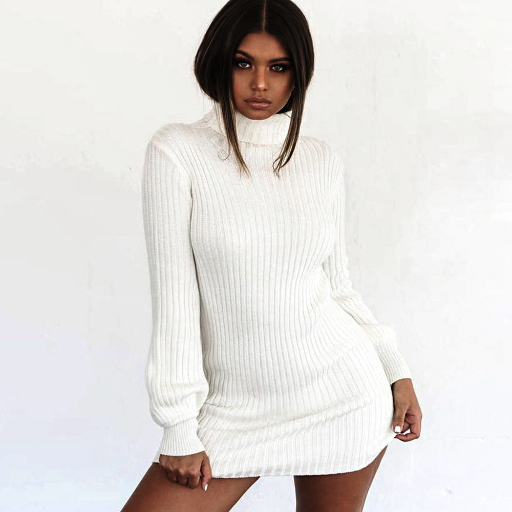 BEFORW Long Sleeve Turtleneck Knitted Dress Women Casual Autumn Winter Sweater Dress Female Sexy Elegant Pullover Mini Dresses 201204