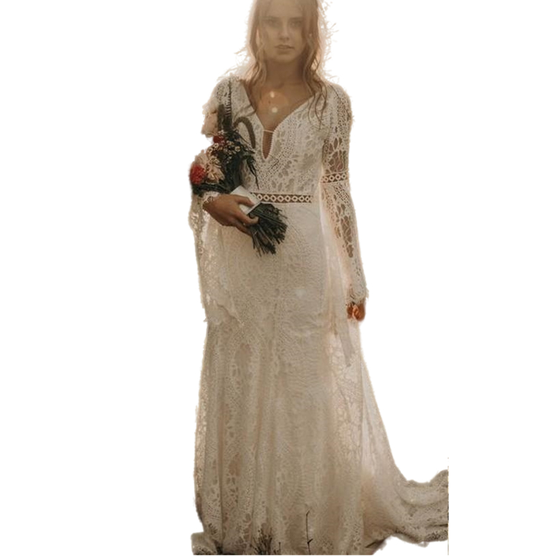 Vintage Ivory Bohemian Lace Beach Wedding Dresses Bridal Gowns Long Sleeve V-Neck Fitted Boho Country Hippie Style Bride Dress Vestidos 0219