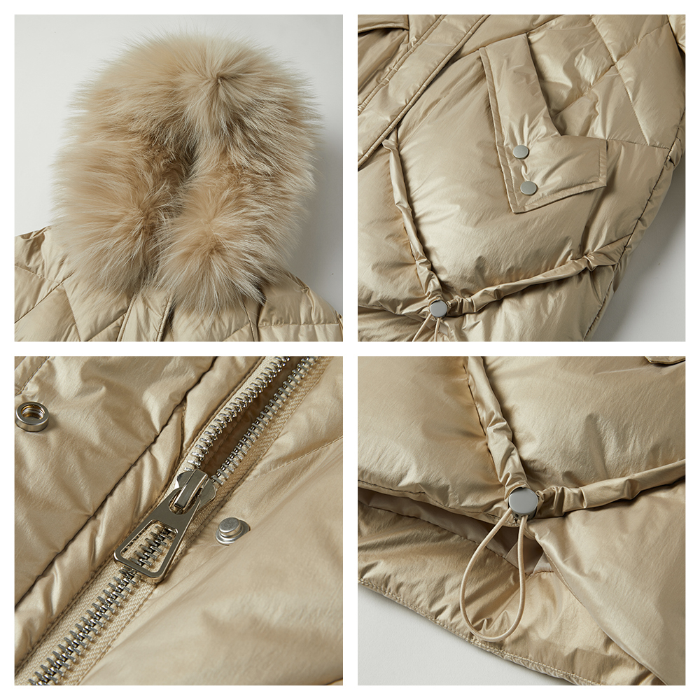 YAYA Winter Warm Big Pocket 90% White Duck Down Jacket with Irregular Hem Women Real Fur Collar Hooded Thicken Gold Black Coat 201019