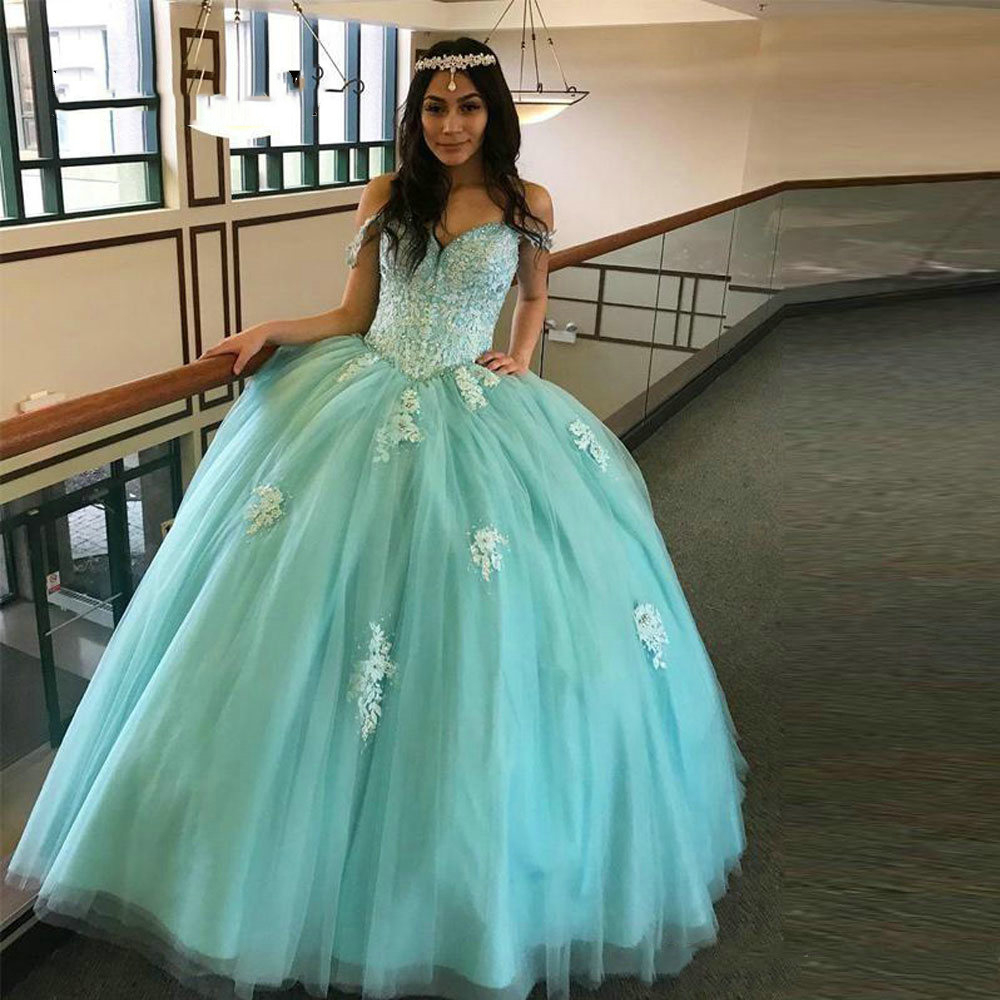 Light Green 16 Ball Gown Quinceanera Dresses Off Shoulder Appliques Lace Beads Floor Length Brithday Prom Party Wear Princess masquerade Sweet 15 Dres