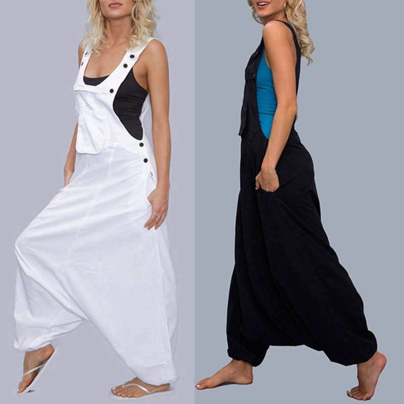 Women Loose Jumpsuit Casual Overalls Drop Crotch Romper Pockets Sleeveless 2019 Summer Jumpsuits T200107