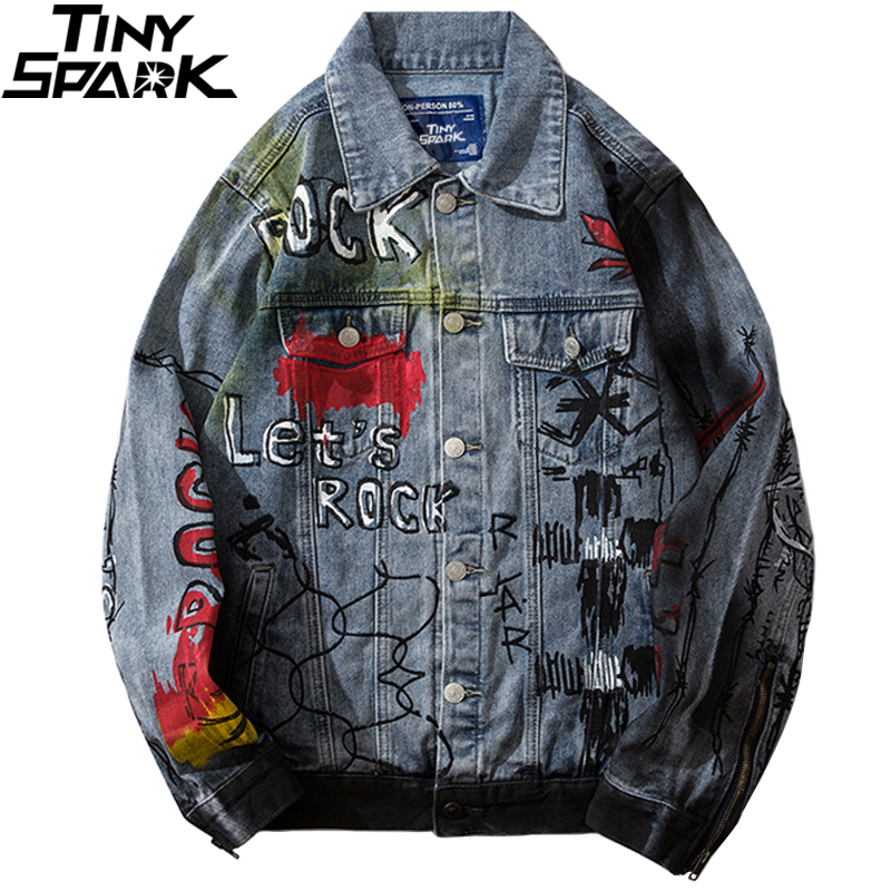 Men Denim Jackets Streetwear Skull Graffiti Blue Denim Jean Jacket Coat Hip Hop Harajuku Bomber Jacket Punk Rock Vintage 201127
