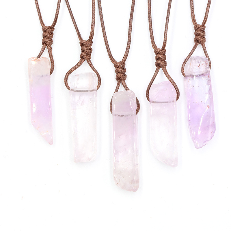 Natural Stone Crystal Pendants Necklace Irregular Braided Rope Chain Amethyst Pink Crystal Healing Chakra Jewelry for Women Men