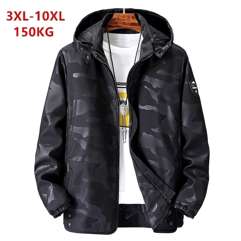 Outdoor Jacket 150KG Black Large Sizes Plus 6XL 7XL 8XL 9XL 10XL Mens Coats Hooded Removed Man Spring Autumn Camo Blue Hoodies 201114