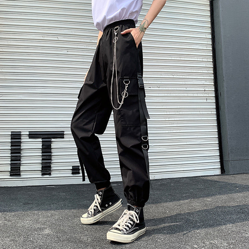 Women's Cargo Pants Buckle Ribbon Pocket Jogger Elastic Waist High Streetwear Harajuku Punk Ring Chain Females Trousers 201106
