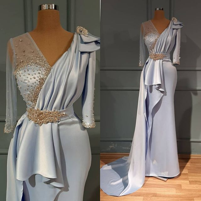 Aso Ebi 2020 Arabic Crystals Mermaid Sexy Evening Dresses Deep V-neck Prom Dresses Satin Formal Party Second Reception Gowns ZJ663