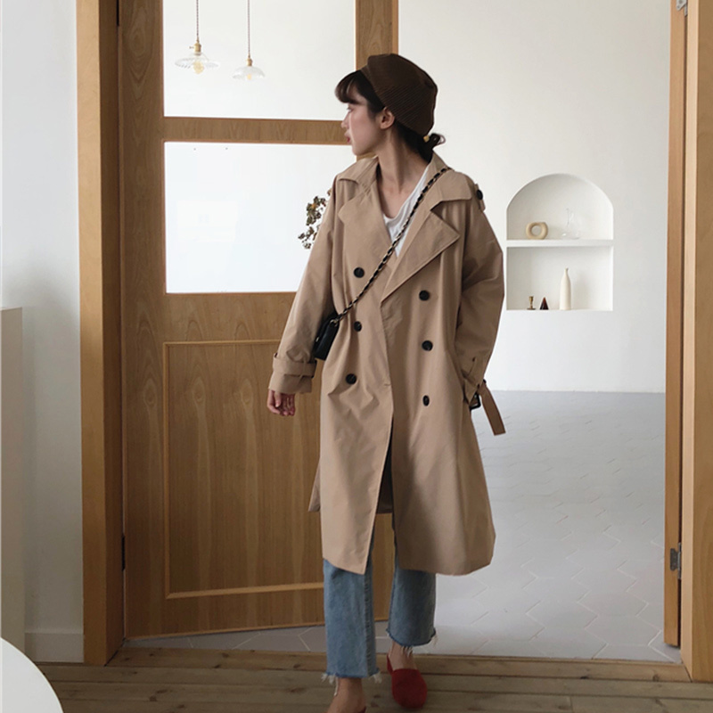 Women's Khaki Belt Long Trench Coat Female Turn-Down Collar Double Breasted Trenches Casual Autumn Winter Office Lady Outwear 201211