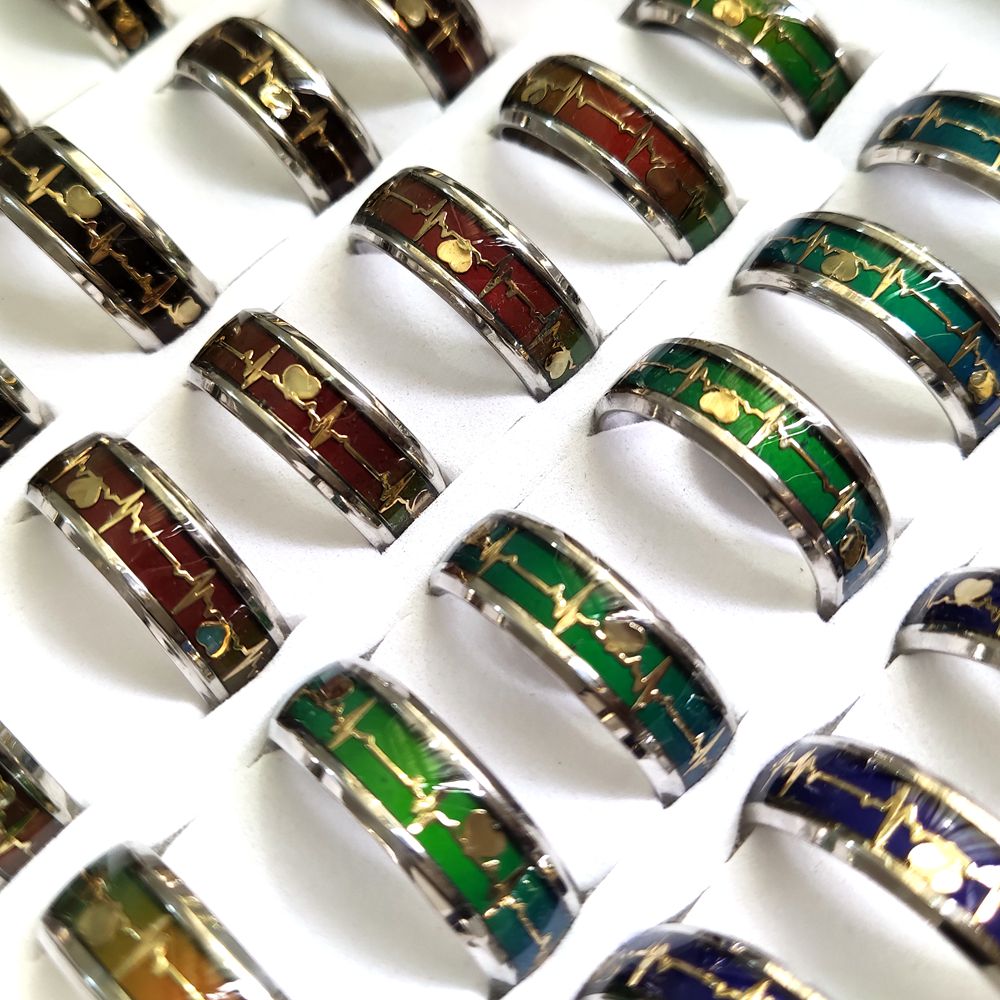 20pcs ECG Mood Ring Mens Electrocardiogram Color Change Stainless Steel Wedding Rings Fashion Womens Ring Male Unique Jewelry Gift Favor
