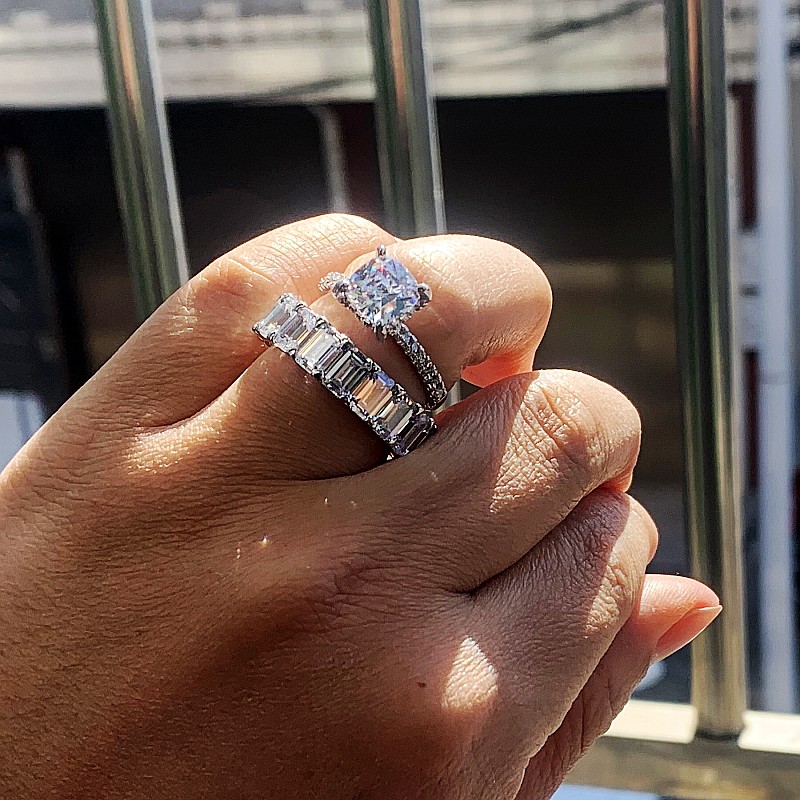 Size 5-10 Couple Rings Luxury Jewelry 925 Sterling Silver Emerald Cut White Topaz CZ Diamond Eternity Women Wedding Bridal Ring Set Gift