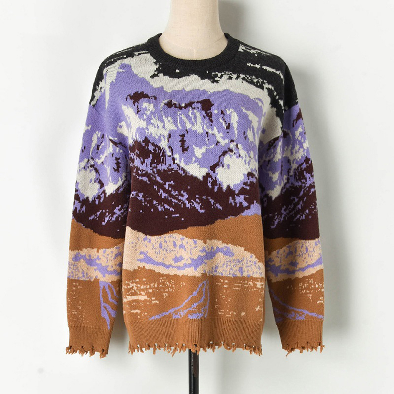 Sale promotion Women Jacquard-knit Sweater Dropped Shoulder Oversize Pullover Snow Mountain Landscape Sweater C-004 201111