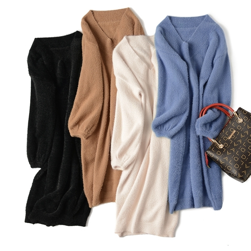 GIGOGOU Autumn Winter Long Knitted Dress Women Thick Warm Fur Pullover Sweater Dresses Elegant V Neck Christmas Party Dresses 201029