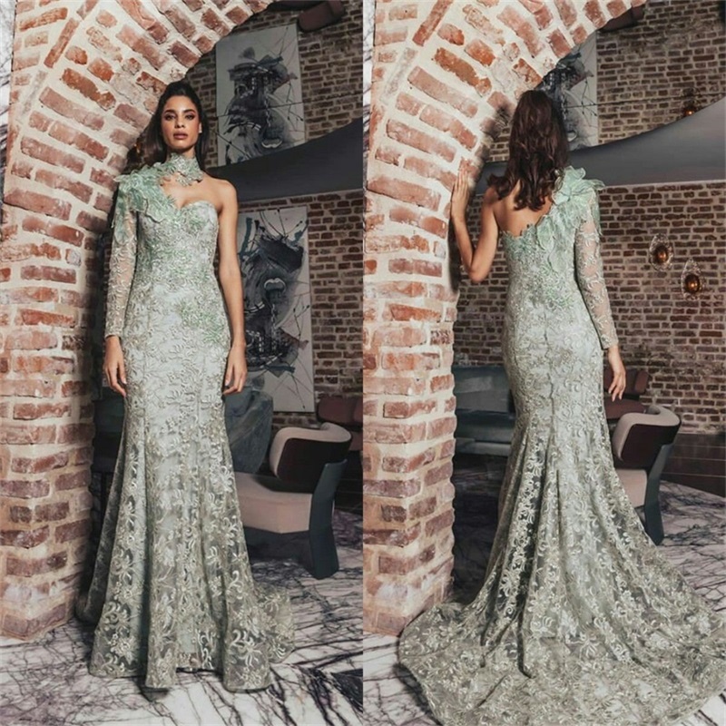 New Arrival Prom Dresses Full Appliqued Lace Halter Mermaid Evening Dresses Chic One Sleeves Formal Pageant Dress Custom Made