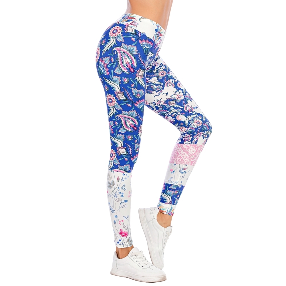 Zohra Sexy Women Blue Floral Stitching Printed Fitness leggins Fashion Slim legins High Waist Leggings Pants 201203