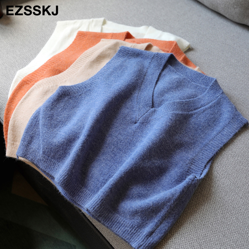 chic casual Autumn Winter Basic short Sweater vest v-neck sleeveless crop Sweater pullovers Women loose Pullover female 201222