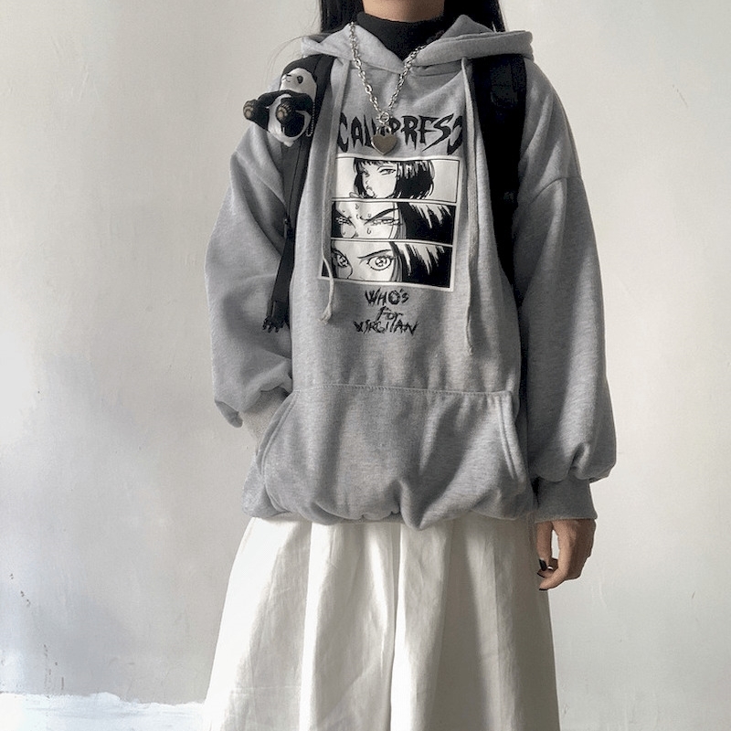 Men's Sad Girl Harajuku Aesthetic Anime Unisex Casual Hoodies Japanese Streetwear Tops Hip hop The Dark Cartoon Print Sweatshirt 201204