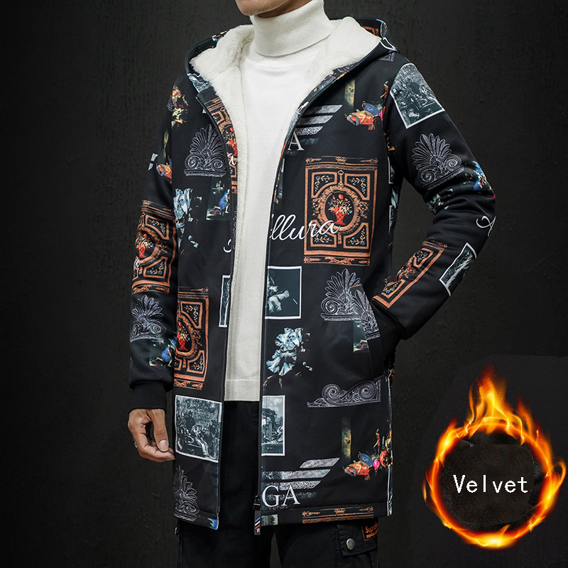 winter Men fashion bigger sizes printing Fleece trench Plus velvet thicken coat Medium long trench coat male Chinese style 201128
