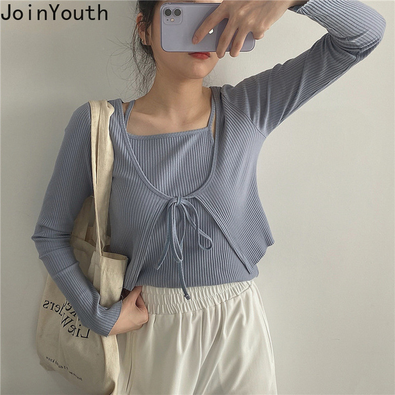 Joinyouth Womens Cardigan Two Pieces Sets Knitted Sweater Korean Clothing Lace Up Cardigans Thin Slim Crop Tops Pullover 201111