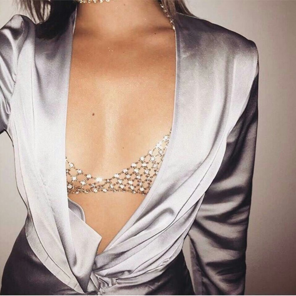 Sexy Rhinestone Alloy V Bra Harness Chain Beach Jewelry Silver Gold Color Sequin Bikini Body Chains Statement Necklace For Women T200508