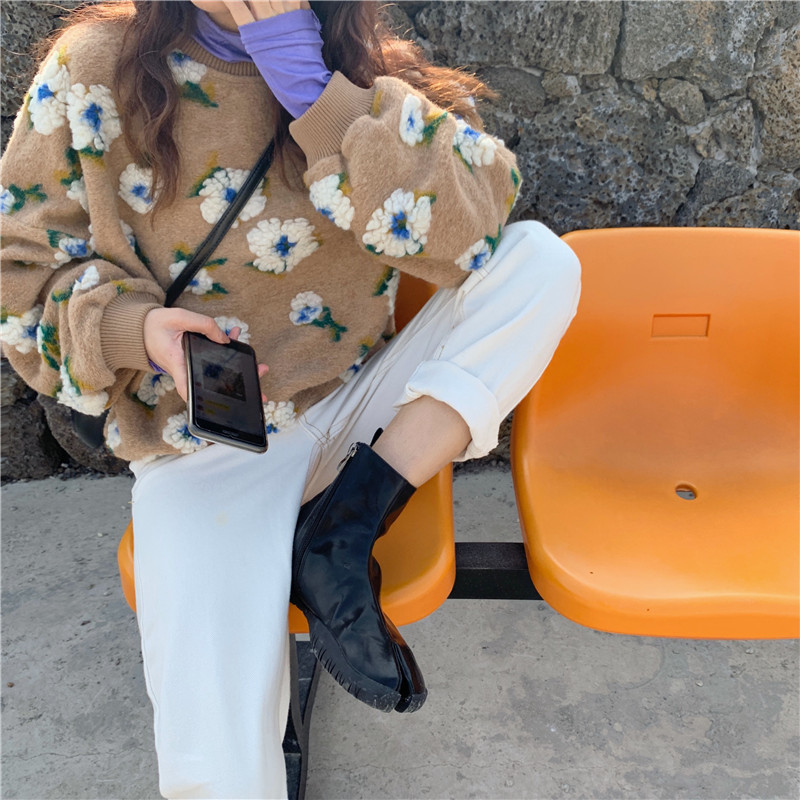 Nomikuma Korean 3D Floral Pullover Sweatshirt Causal Long Sleeve O-neck Hoodies Autumn Winter Women Top Jumper 6D156 210427