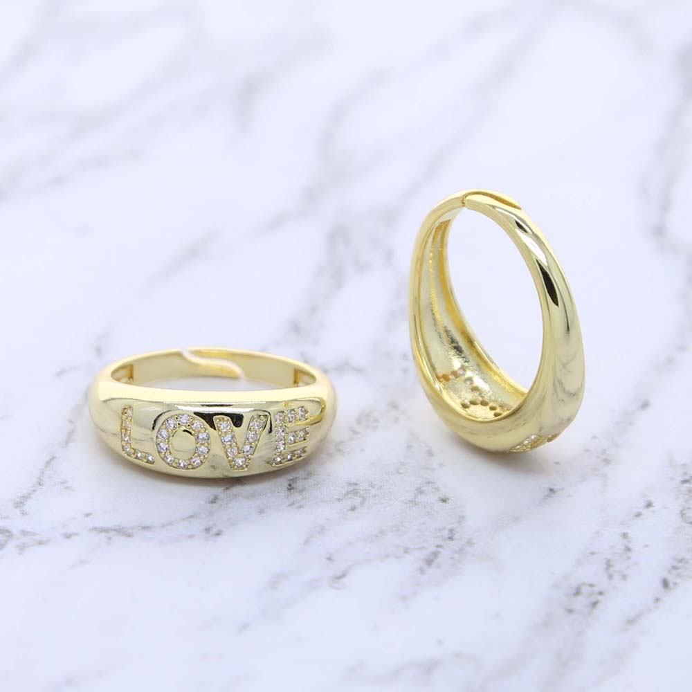 Wide Band Gold Color Wedding Ring with Cz Paved Letter Love Engraved Wholesale Women Open Band Finger Ring Adjustable Size