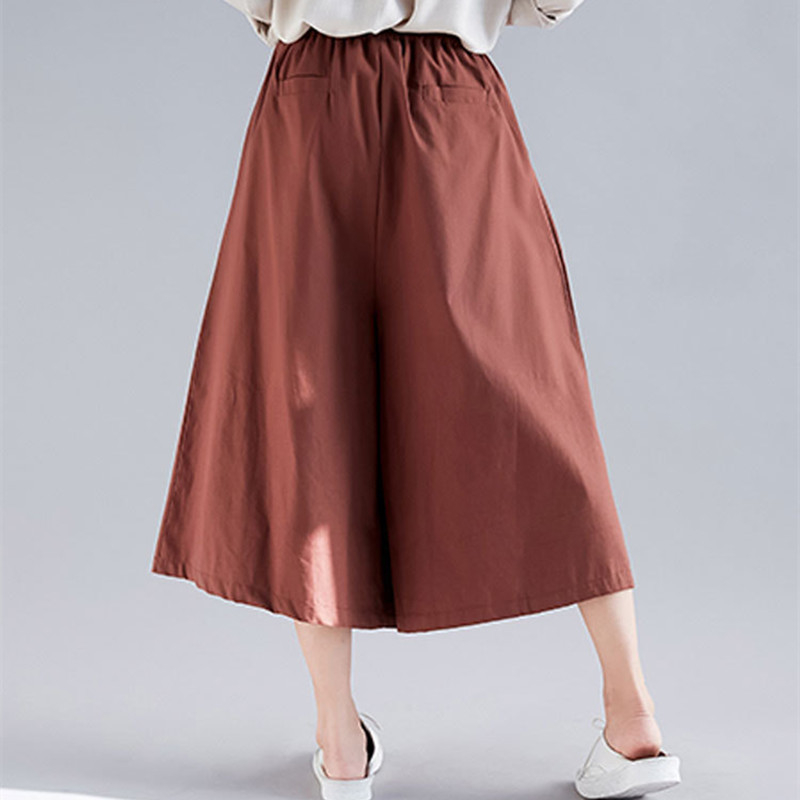 Johnature Solid Color Elastic Waist Tie Plus Size Pants 2019 Spring Pockets Casual Loose Linen Women CalfLength Wide Leg Pants T200319