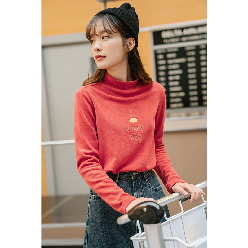 INMAN Half High Neck T-shirt Women's New Winter Arrivals With Suede Embroidered Base Coat Solid Color Long Sleeve Top 201028