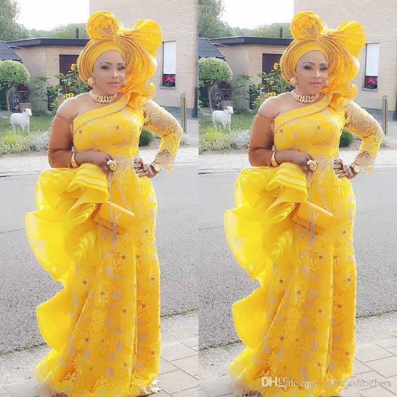 Aso Ebi Yellow Mermaid Evening Dresses With Long Sleeves Plus Size Prom Dress Ruched Formal Lace Party Gowns Custom Made Vestidos