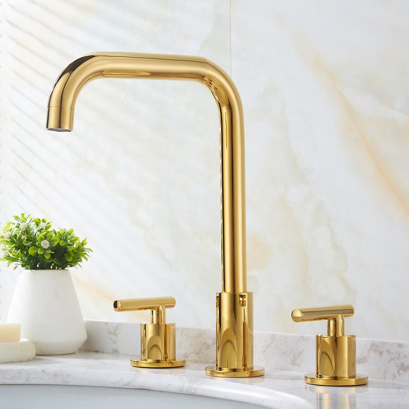 Golden Bathtub Basin Faucet Waterfall Widespread Tub Mixer Tap Deck Mounted Handshower Bath Shower Set 2 Handles