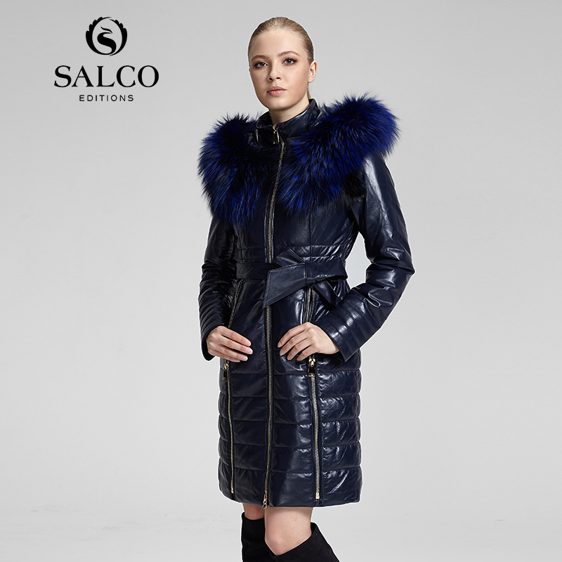 SALCO Free shipping newest popular in Europe and America long raccoon fur hooded leather jacket ladies section 201226
