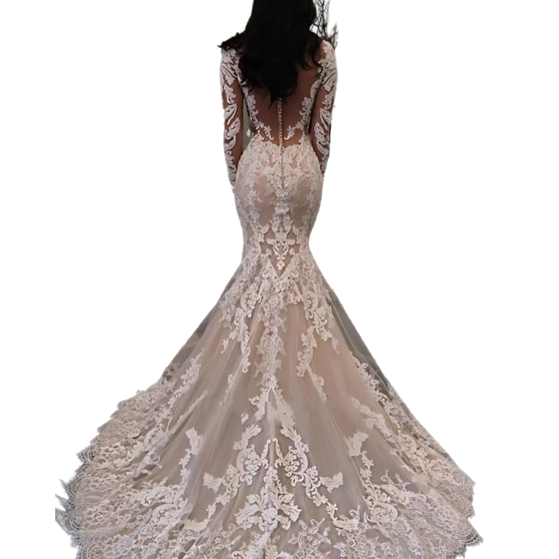 Chic Illusion Long Sleeves Lace Mermaid Wedding Dresses Bride Champagne Tulle Appliques Court Train V Neck Bridal Formal Gowns Button Back Sheer See T
