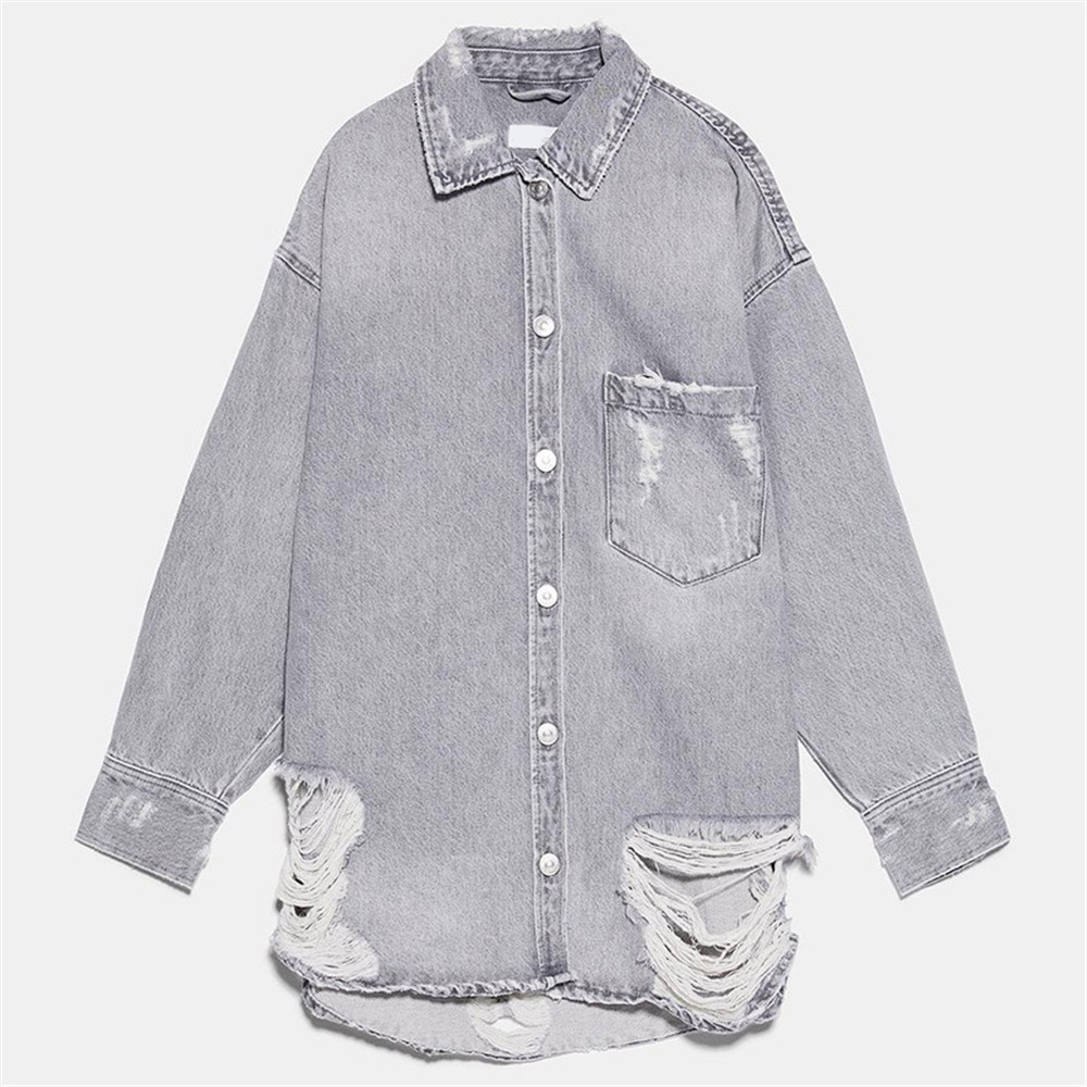2019 ZA Fashion Women Denim Jacket Casual Coat Hole Manually Worn Out Vintage Loose Shirt Statement Street Autumn Winter New T200828