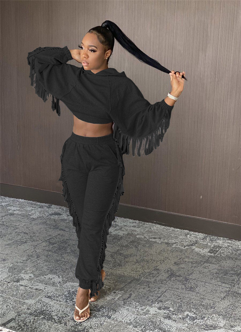 New Women cotton tracksuits fall winter clothing hoodies+pants tassels two piece set solid color sweatsuits outfits jogger suits 4112
