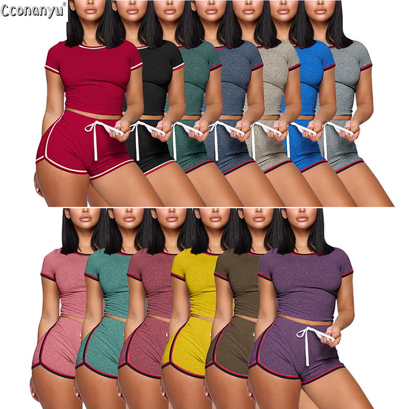 Women Short Sleeve Set 2 Piece Summer Casual Seamless Sport Suit Gym Clothes Crop Top Shirt High Waist Shorts Sportswear T200605