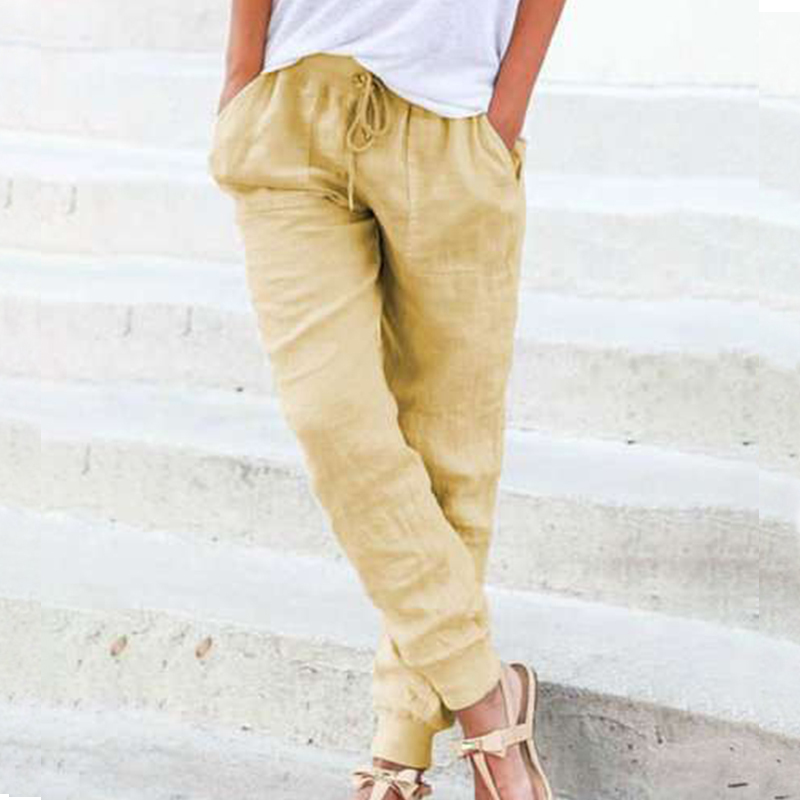Solid Cotton Linen Women Pencil Pants Spring Casual Elastic High Waist Trousers Women Plus Size Drawstring Long Pants 3XL 201111
