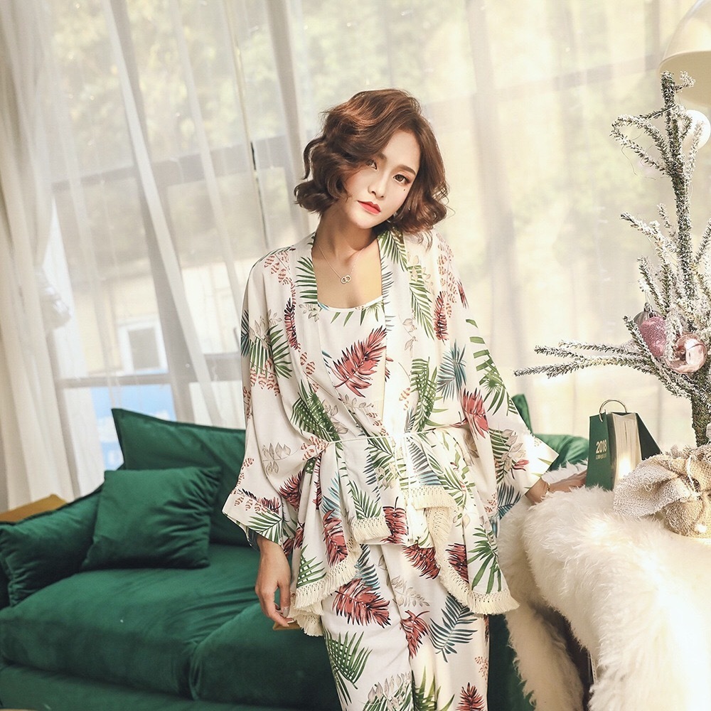Women Pajama Sets Womens 3 Piece Set Sleep Lounge Cotton Sexy Spring Autumn Pijama Nightwear Flower Plus Size Tracksuit 201113