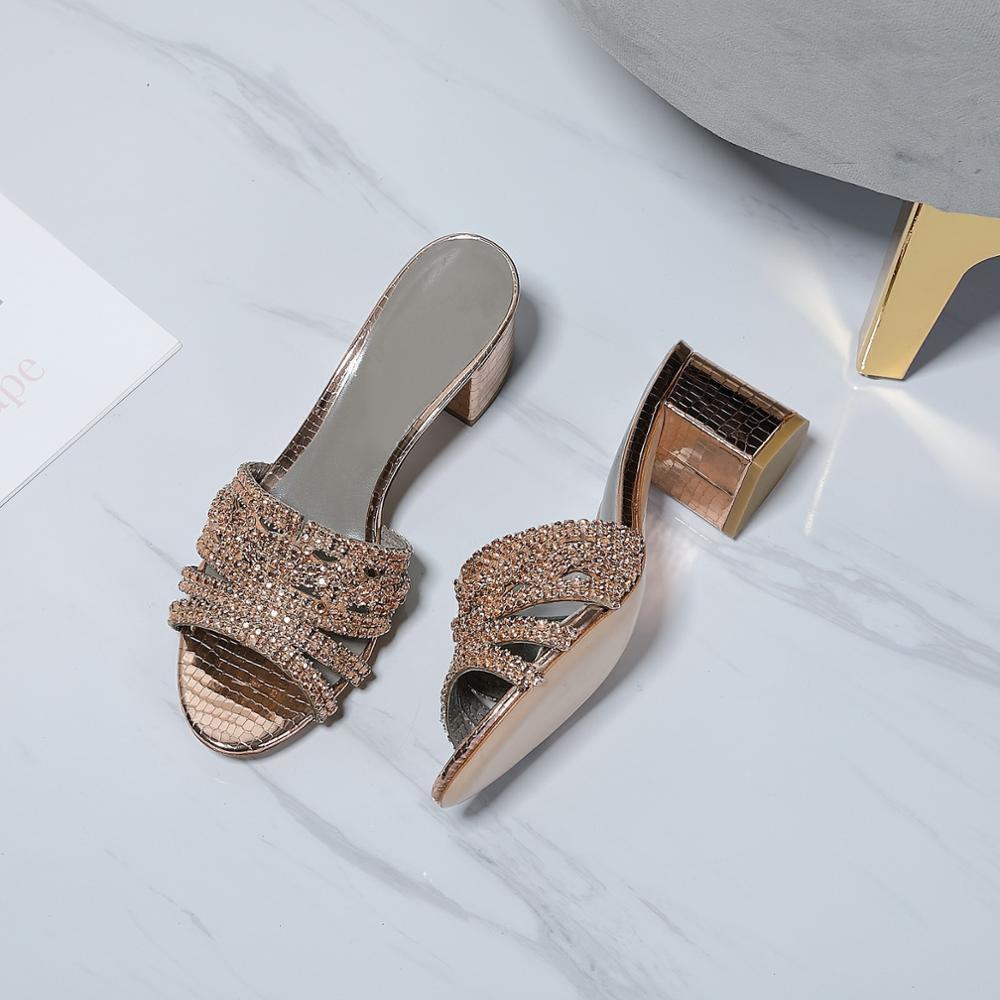 Slipper Crystal Diamond Square Heel Shoes Woman Sexy Stone Grain Gladiator Mules For Women Plus Big Size Y200423