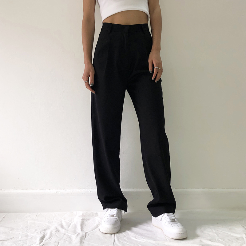 2020 New Womens Fashion High Waist Casual Pants Women Office Lady Pants Full Length Wide Leg Loose Black Elegant Suit Trousers LJ201130