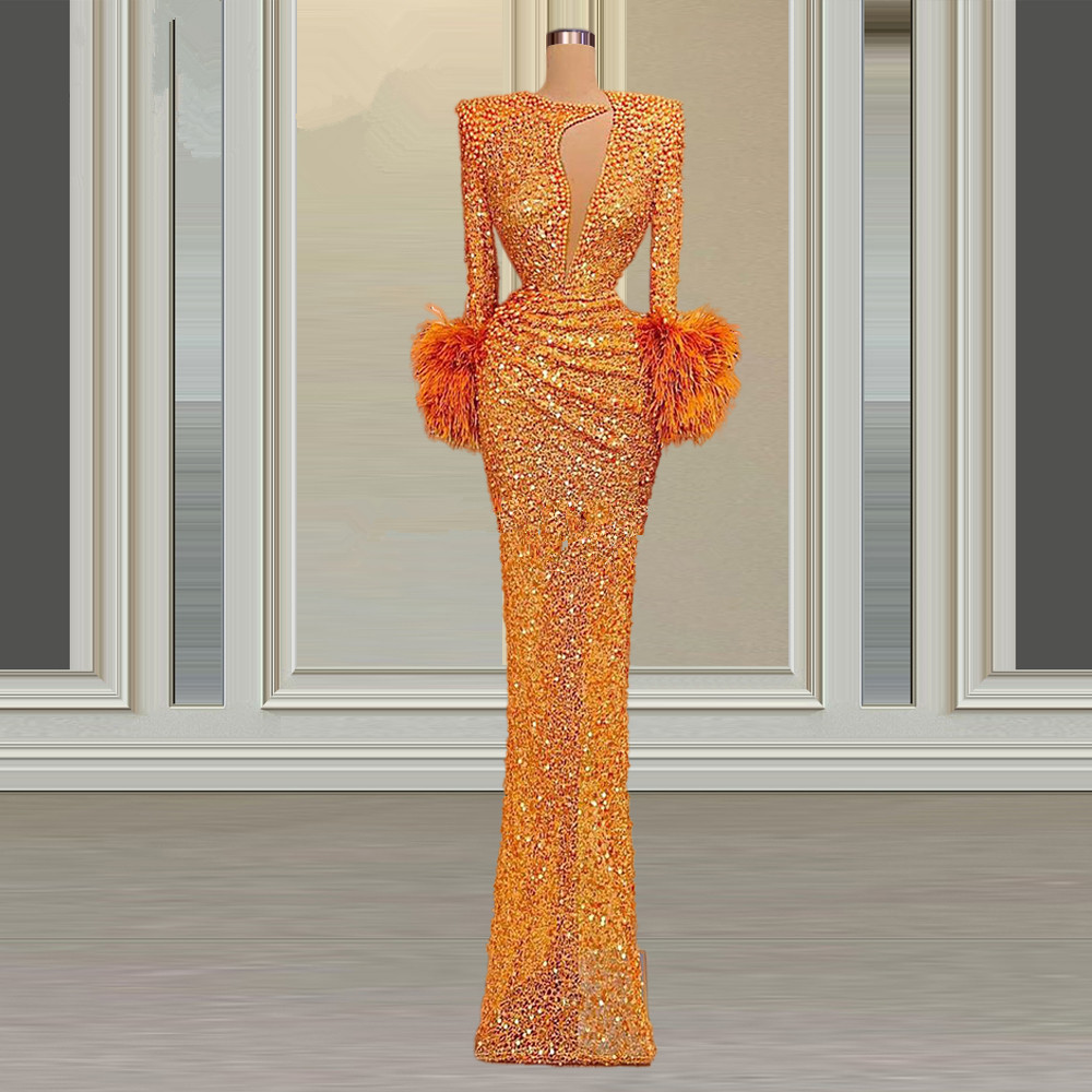 High Fashion Sparkly Evening Dresses See Through Crystals Pearls Prom Dress For Women Party Night Muslim Dubai Celebrity Gowns