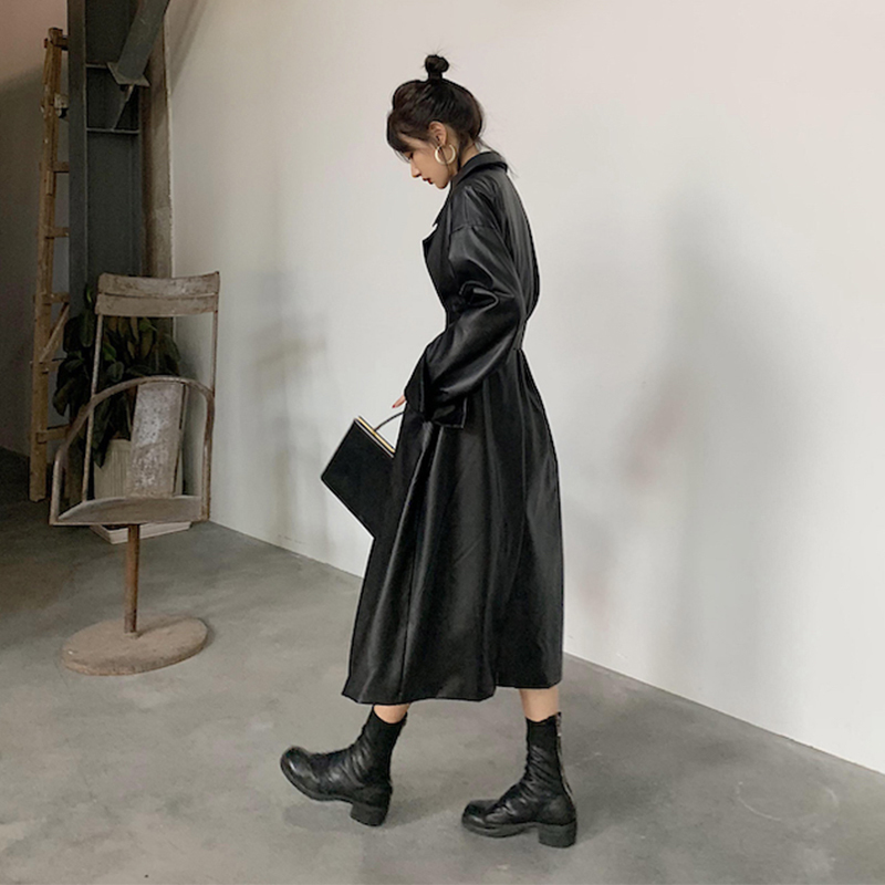 Lautaro Long oversized leather trench coat for women long sleeve lapel loose fit Fall black women plus size clothing streetwear 201030