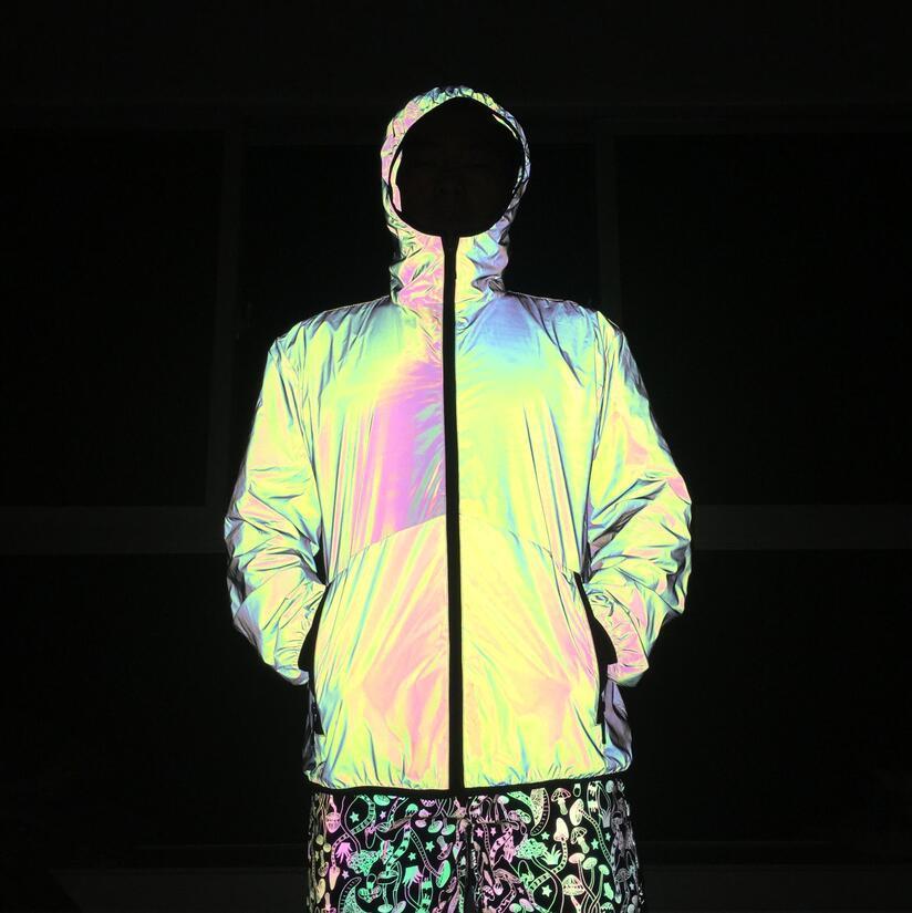 Colorful Hooded Reflective Jacket Men/Women Autumn Fluorescent Zipper Mens Jackets and Coats Casual Steetwear Windbreaker 201130