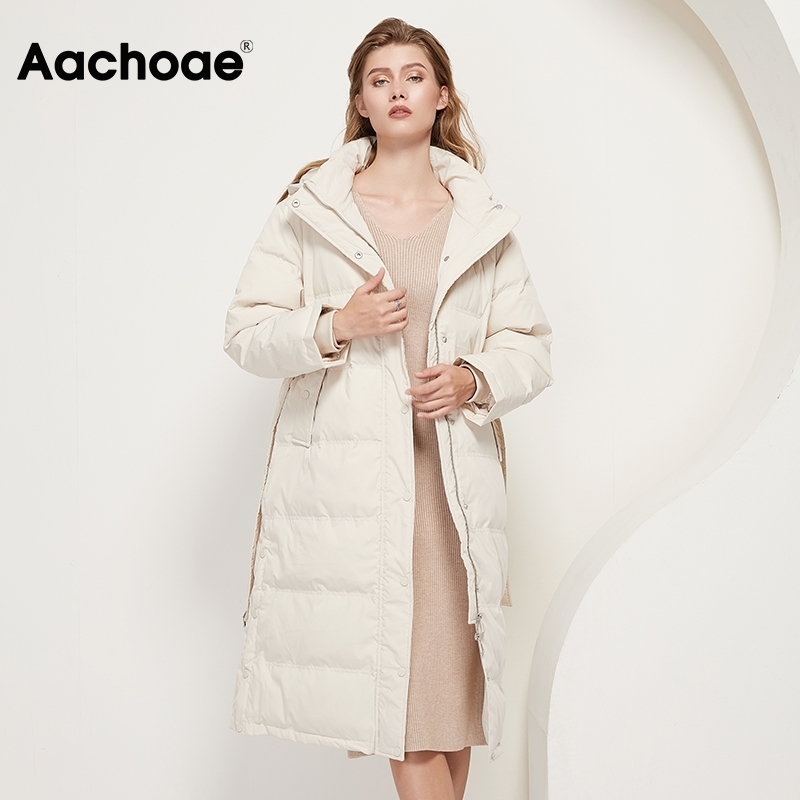 Aachoae Women 90% White Duck Down Long Coats With Belt Winter Thick Warm Hooded Coat Parka Female Outwear Down Jacket 201029