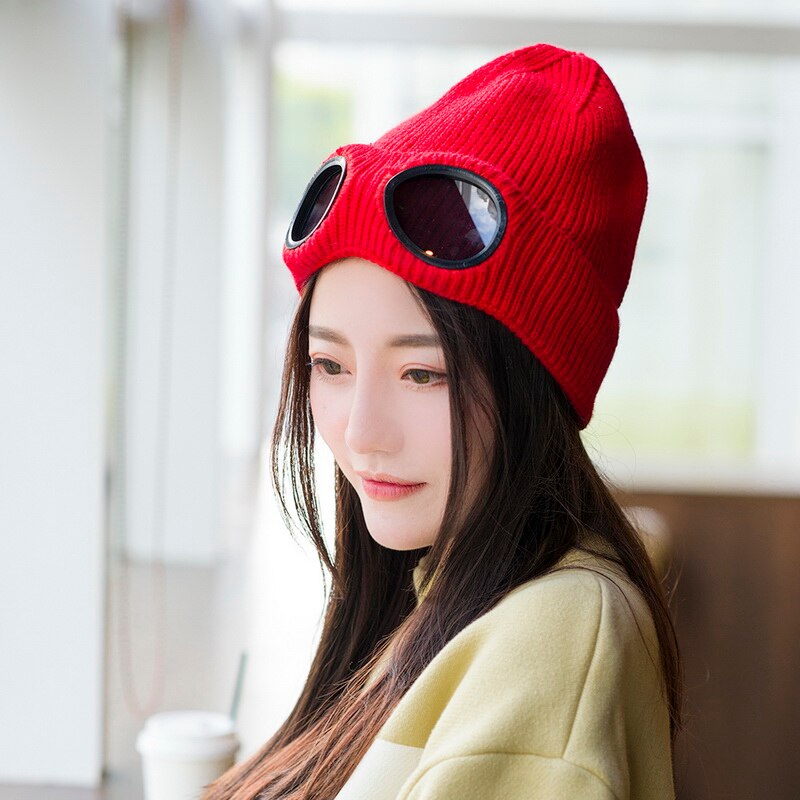 Winter Warm Knit Hats 2021 New Fashion Unisex Adult Windproof Ski Caps with Removable Glasses Thicken Sports Multi-function Caps