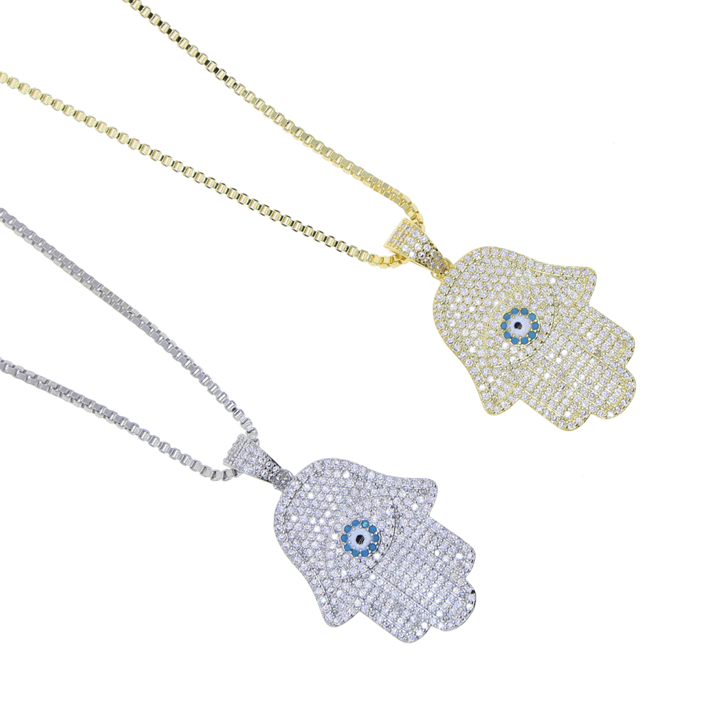 Women wholesale hip hop necklaces jewelry with blue cz paved hamsa hand charm pendant necklace with box chain paved jewelry