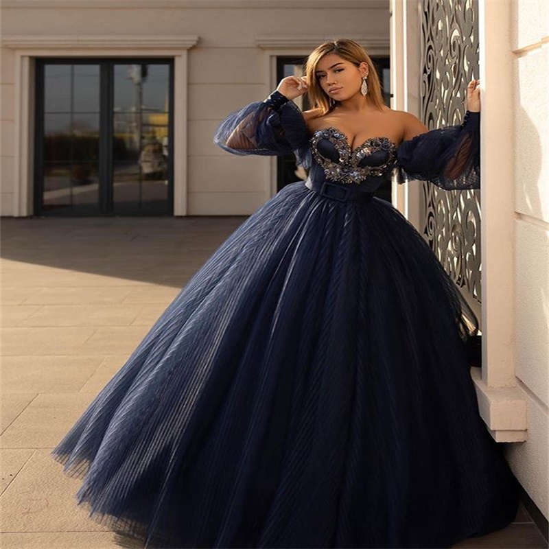 Navy Ball Gown Prom Dresses Sweetheart Long Sleeves Ruffles Tulle Evening Dresses Appliqued Beads Party Dress With Belt