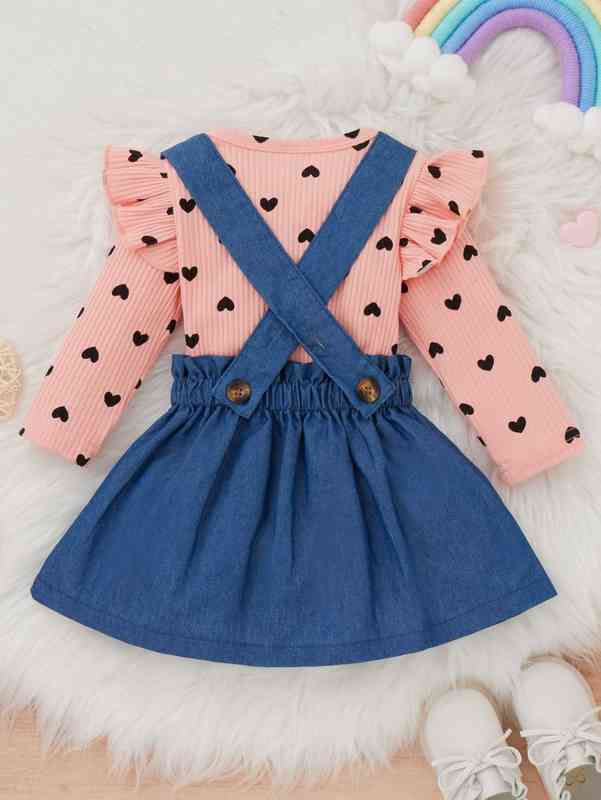 Baby Heart Print Ruffle Trim Top & Suspender Skirt SHE
