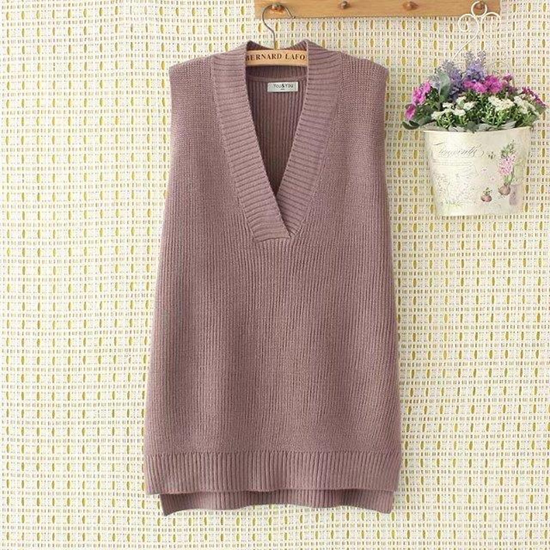 Autumn Preppy Style Knitted Vest Sweaters Women Elegant V Neck Sleeveless Solid Color Long Pullovers Female All Match Loose Tops 201222
